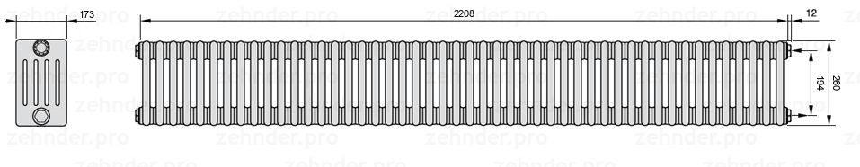 Схема (чертеж) Радиатор Zehnder Charleston 5026/48 №7610 Белый глянцевый RAL 9016